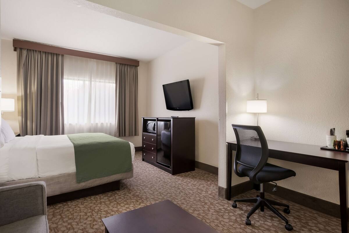 Ein Hotelzimmer mit Bett, Schreibtisch, Stuhl, Fernseher, Lampe und einer Minibar.