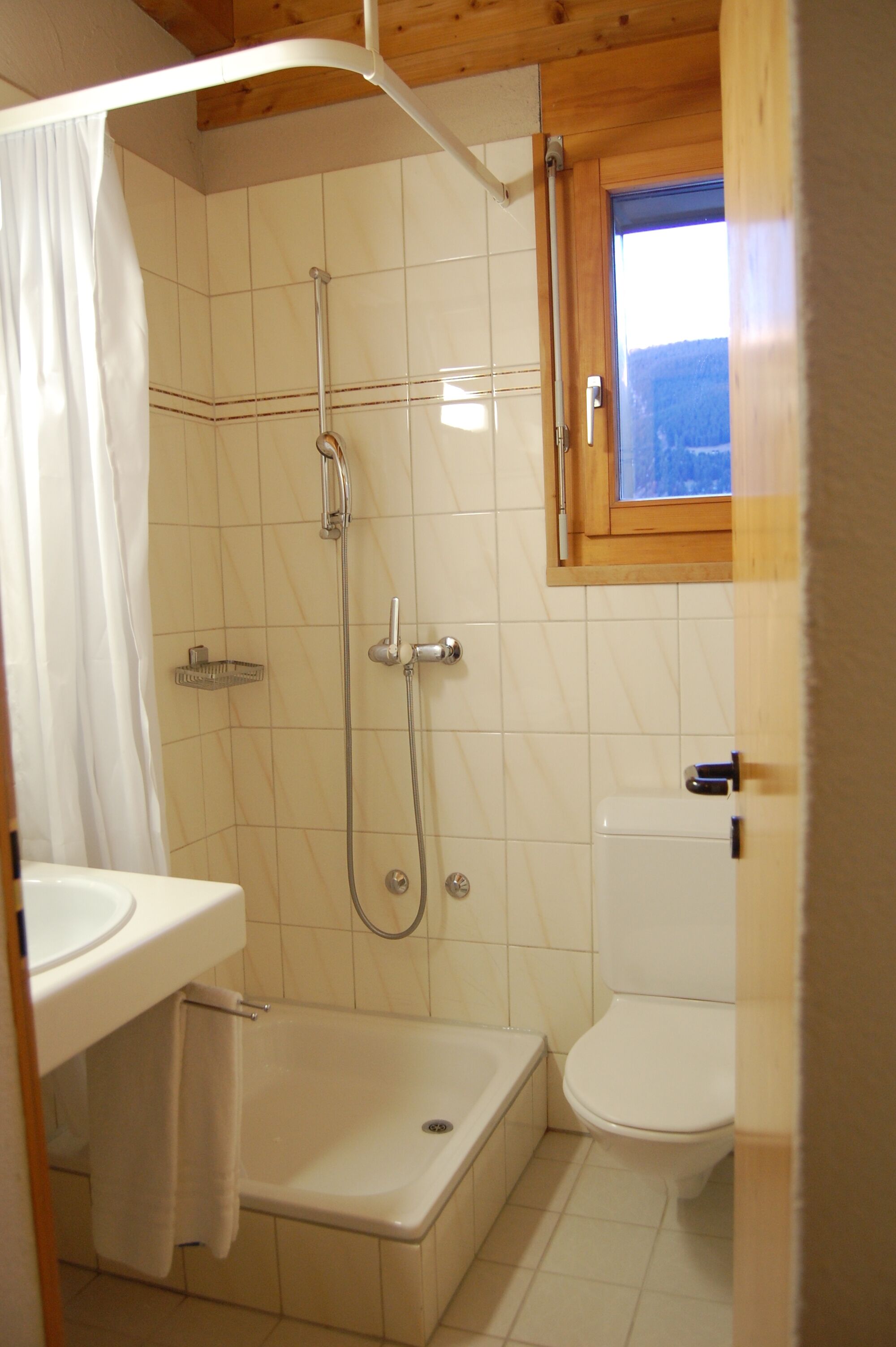 A small bathroom with a shower, toilet, and sink.