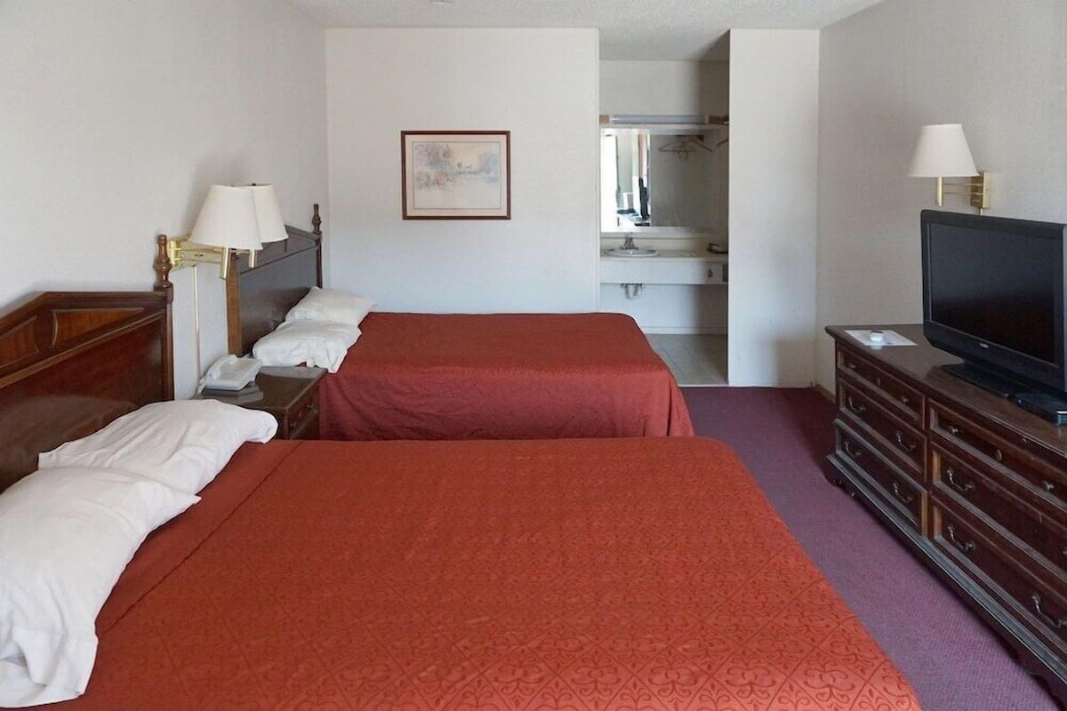 A hotel room with two beds, a television, a dresser, a mirror, and a framed picture on the wall.