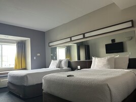 Habitación de hotel con dos camas, un espejo grande, un televisor de pantalla plana y una ventana con cortinas.