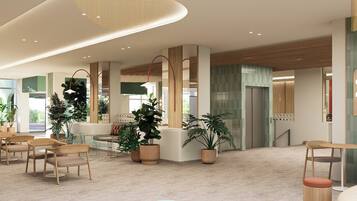 Frukost och lunch serveras, med utsikt mot poolen