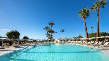 Outdoor pool, pool umbrellas, pool loungers