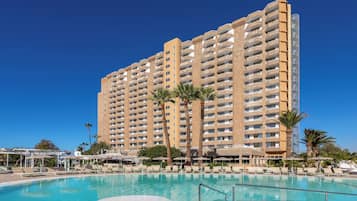 Outdoor pool, pool umbrellas, pool loungers