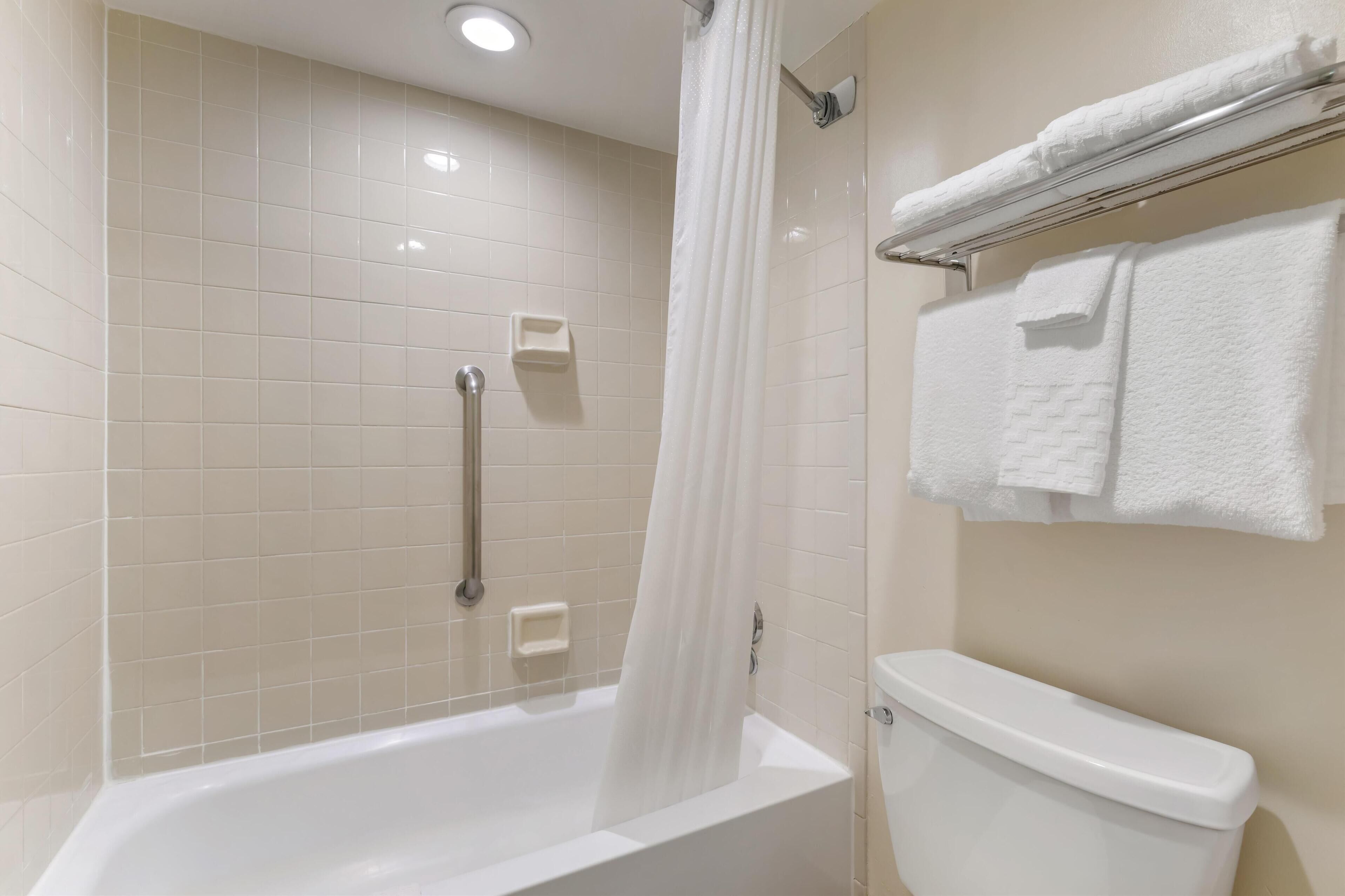 Een badkamer met een bad, toilet en een handdoekrek met handdoeken.