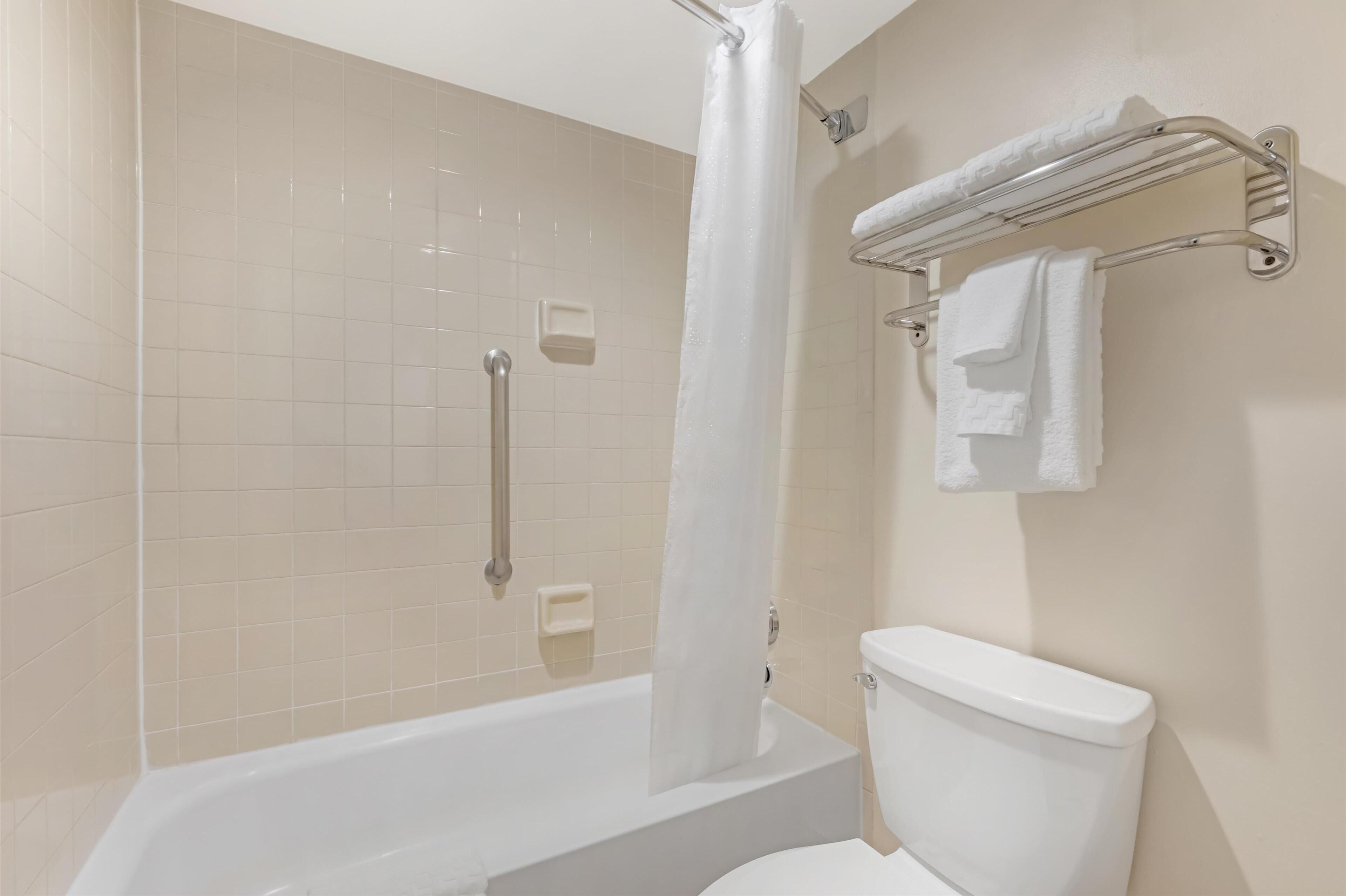combined shower/bathtub, free toiletries, hair dryer, towels