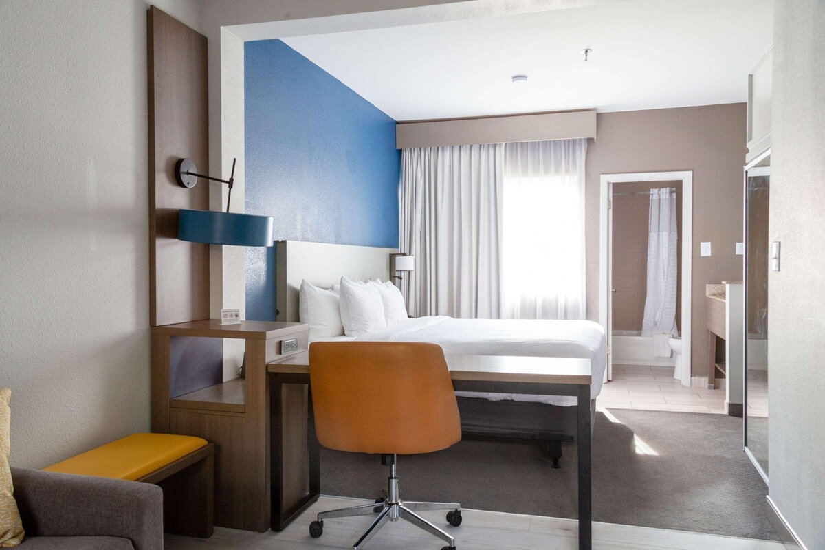 A hotel room with a bed, a desk, a chair, a small sofa, and a bathroom visible through an open door.
