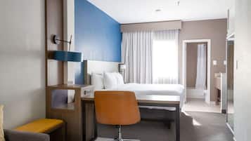 Premium bedding, desk, blackout drapes, iron/ironing board