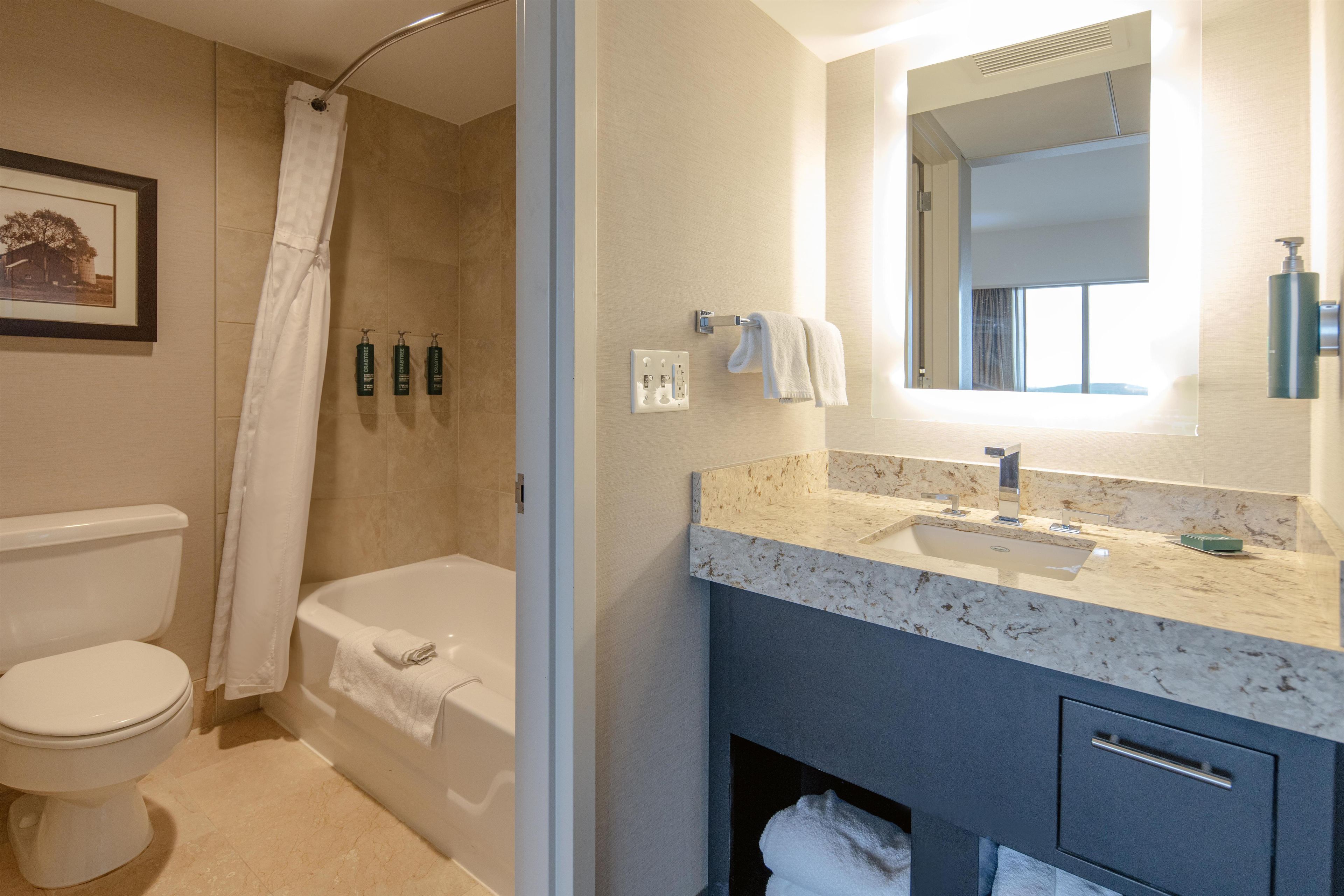 Un baño con bañera, inodoro y lavamanos con espejo.