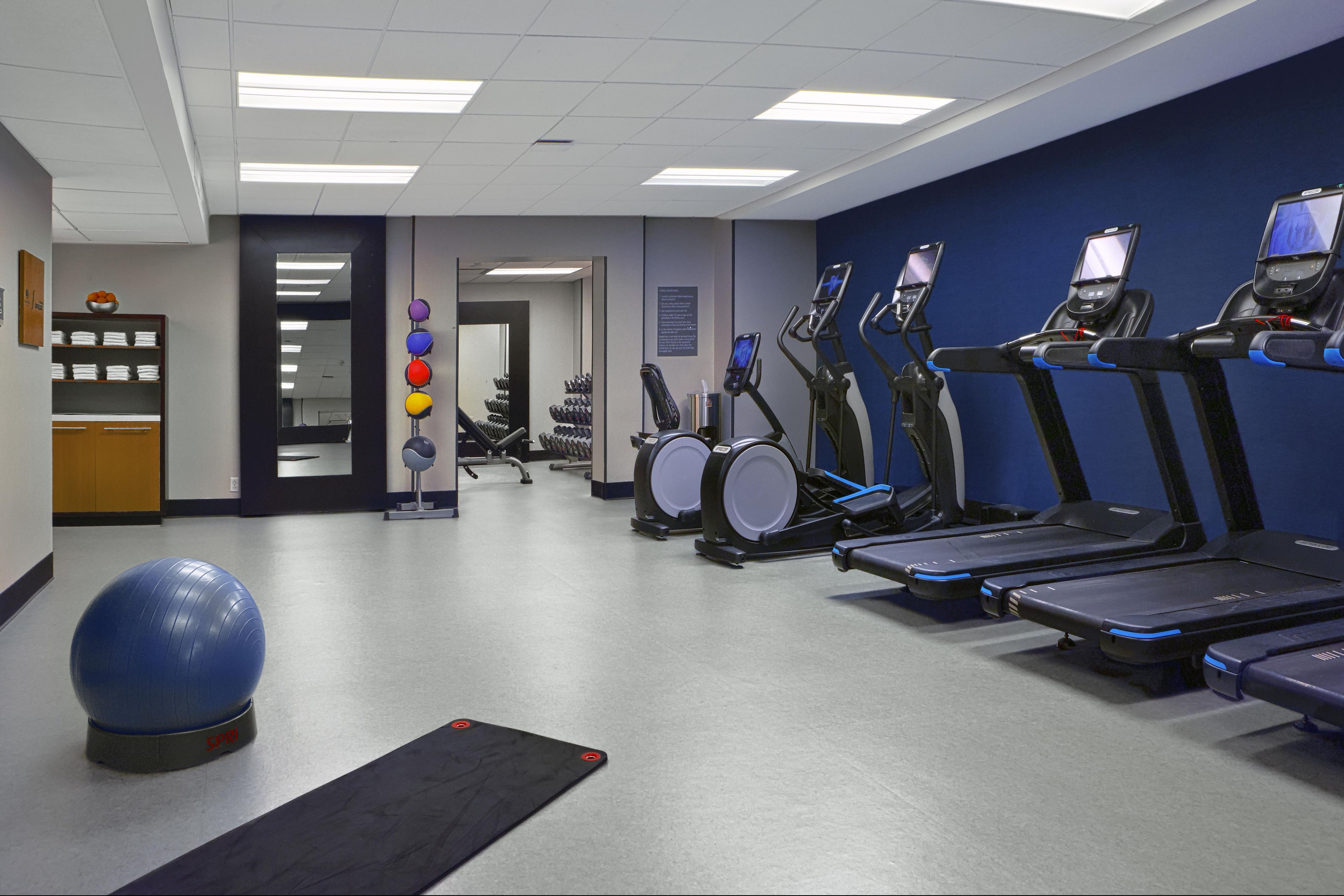 A gym with treadmills, elliptical machines, and exercise balls.