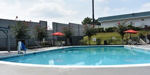 Outdoor pool, pool umbrellas, sun loungers