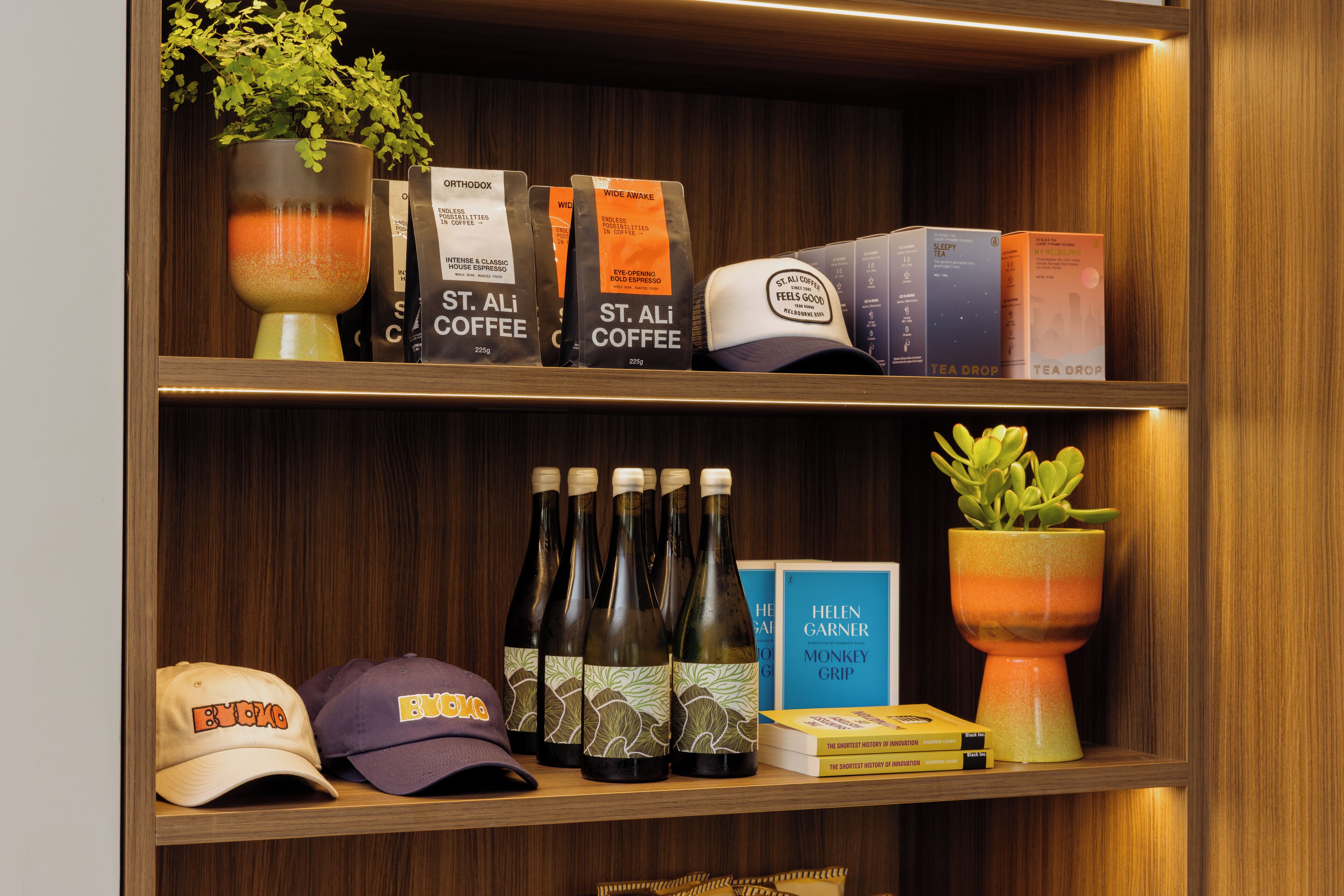 Una estantería con bolsas de café, un libro y una planta en maceta.