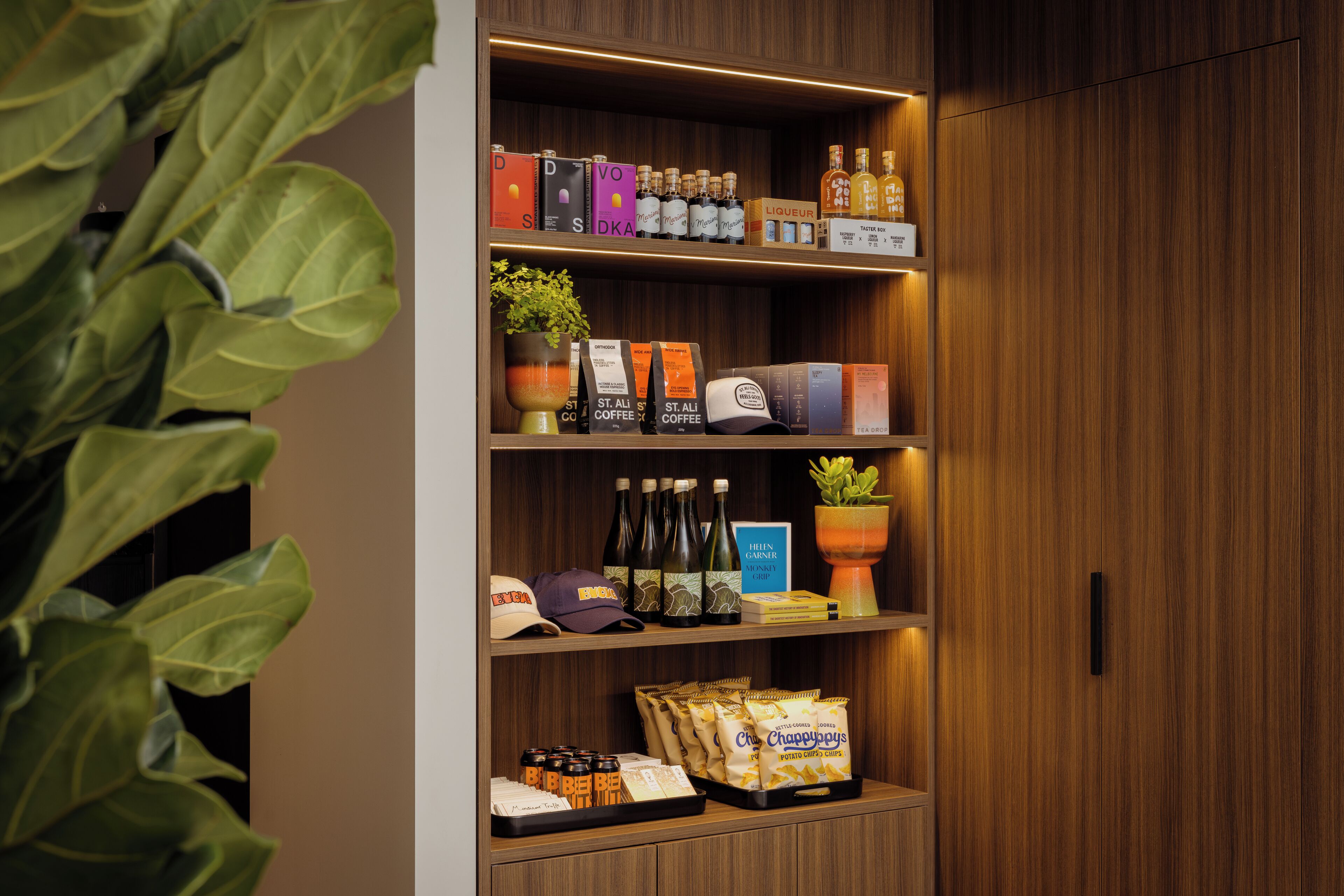 A wooden shelf with various packaged goods, including coffee and tea, and a potted plant.