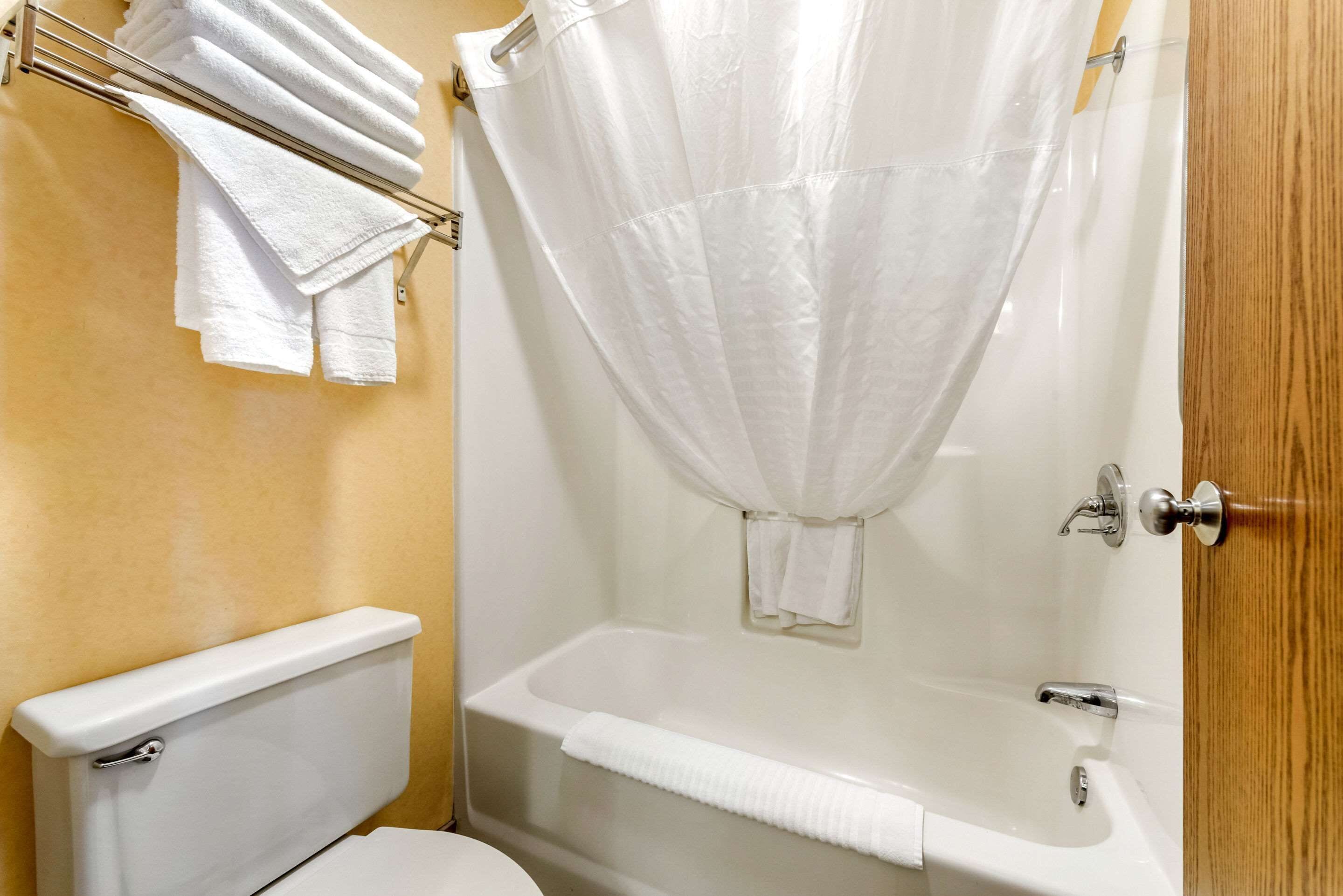 combined shower/bathtub, free toiletries, hair dryer, towels