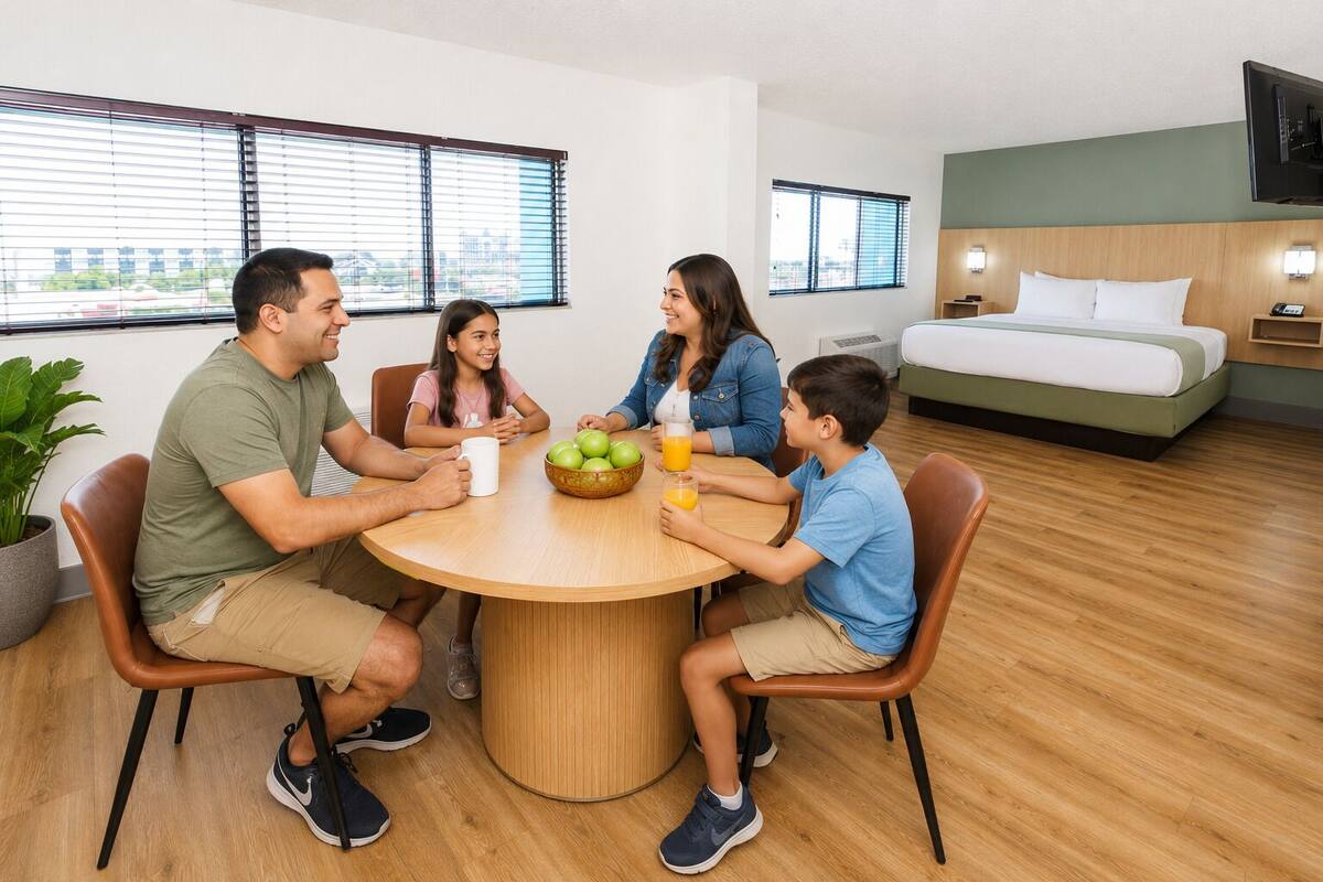 Uma família jantando em uma mesa redonda, com uma tigela de maçãs verdes e copos de suco de laranja.