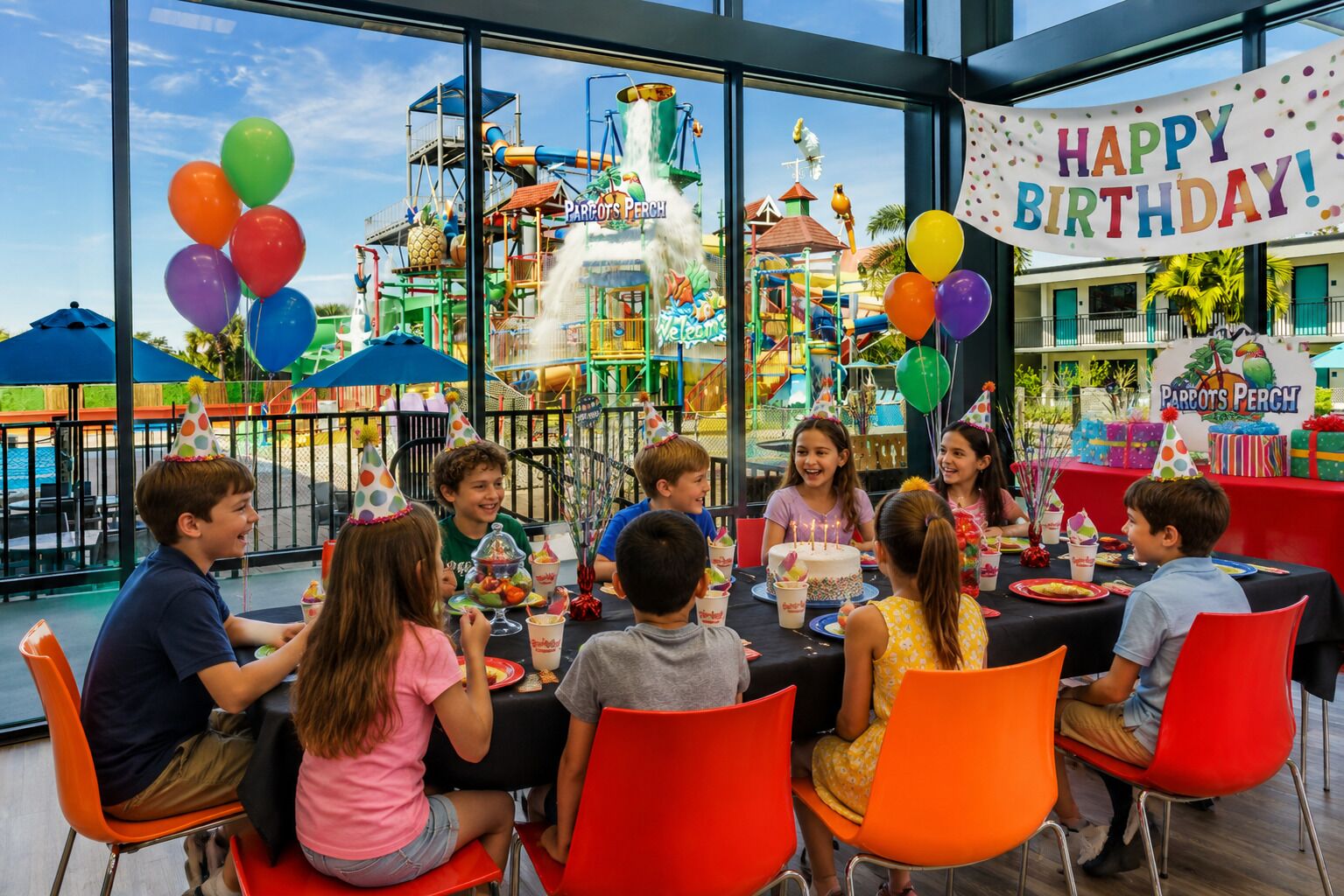 Un grupo de niños sentados a una mesa con vista a un parque acuático y un cartel que dice 'Happy Birthday'.