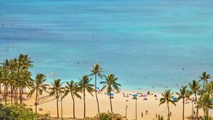 A beach with palm trees, people, and a volleyball net. - Queen Kapiolani Hotel (Honolulu)