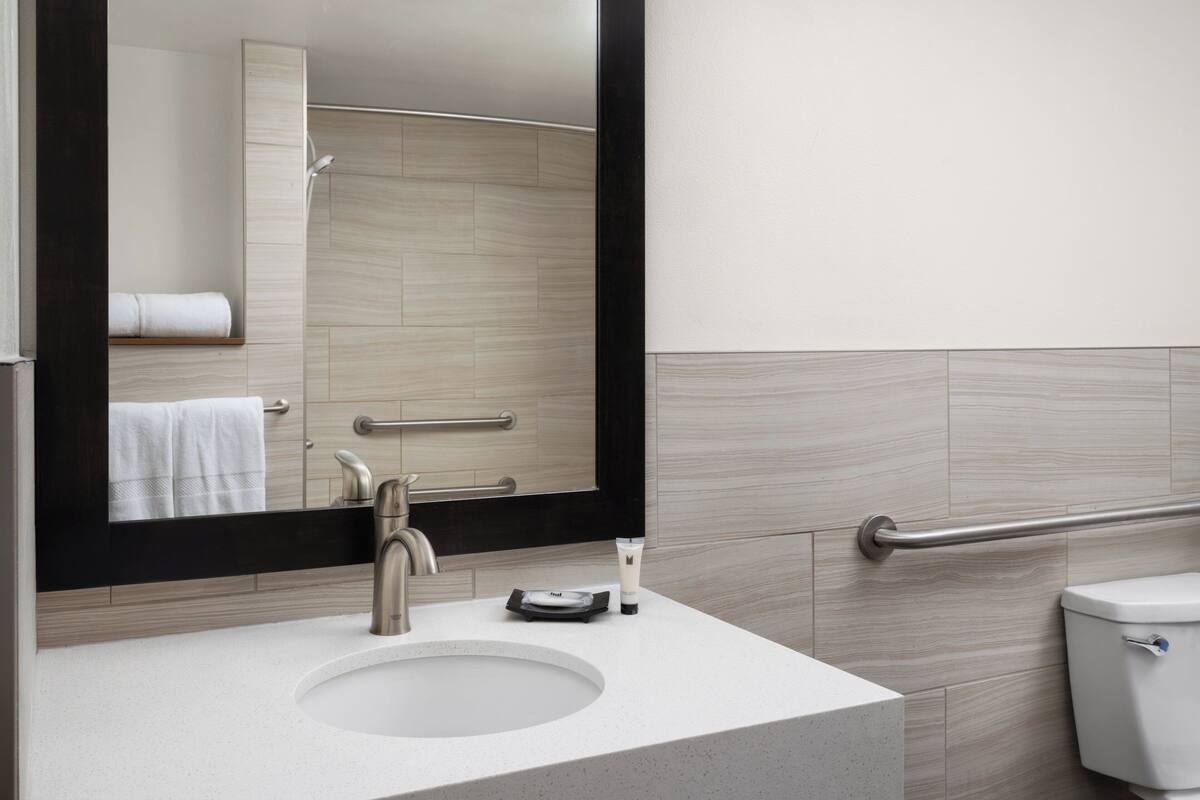 combined shower/bathtub, free toiletries, hair dryer, towels