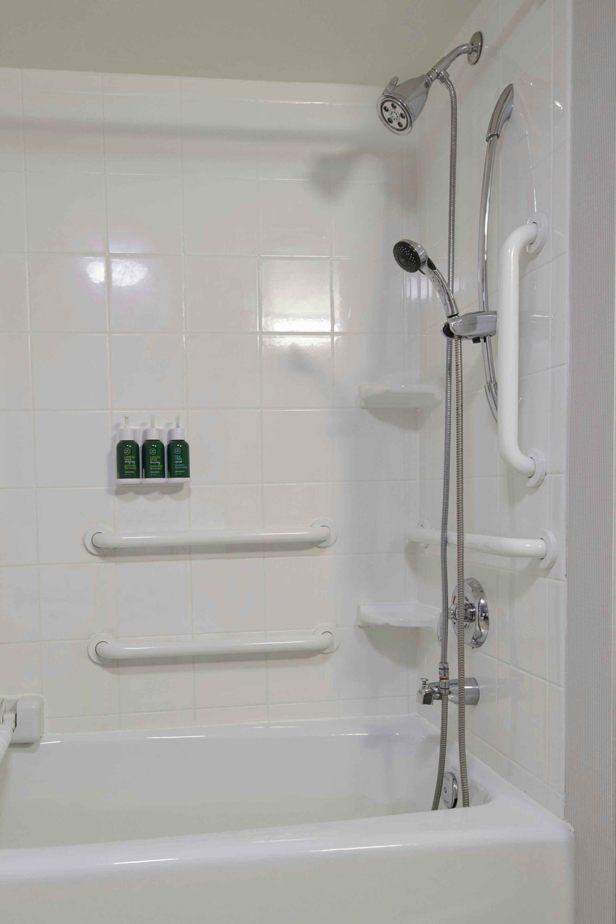 combined shower/bathtub, free toiletries, hair dryer, towels