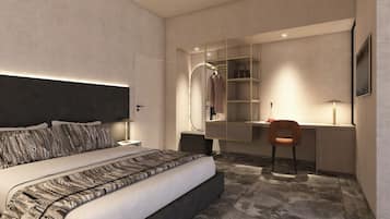 Una camera da letto moderna con un letto grande, una scrivania e una sedia.