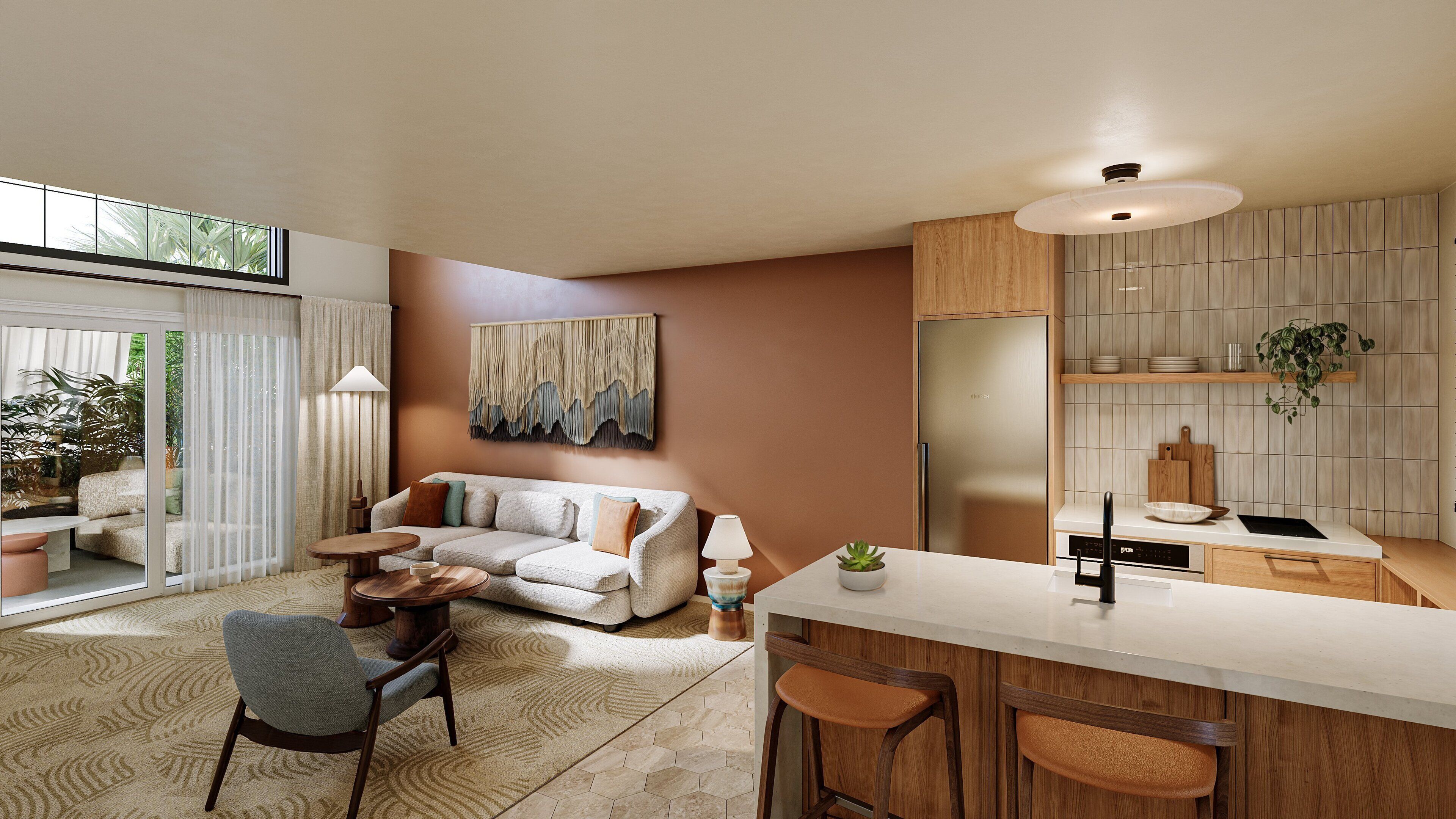 Una cocina moderna con una isla central, muebles de madera y un horno empotrado.