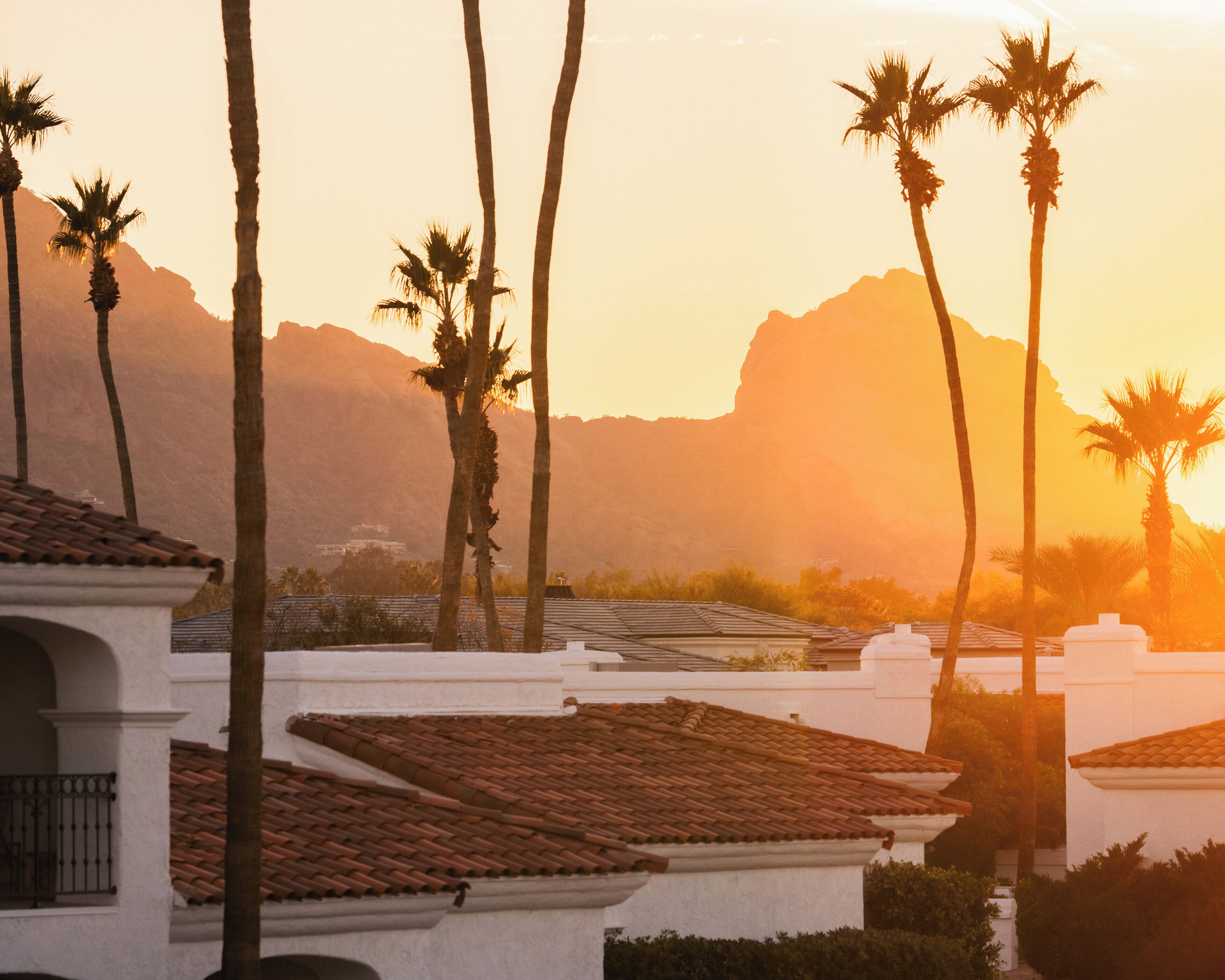 A coastal town with white buildings, palm trees, and a mountain in the background.