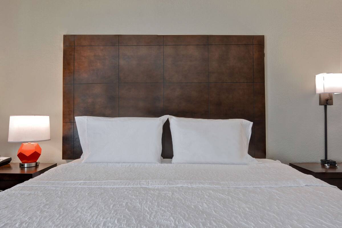 A hotel room with a large bed, two pillows, a nightstand with a lamp, and a wall-mounted headboard.