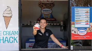 A person holding a Hershey's ice cream container in front of a store with a menu board displaying various ice cream flavors.