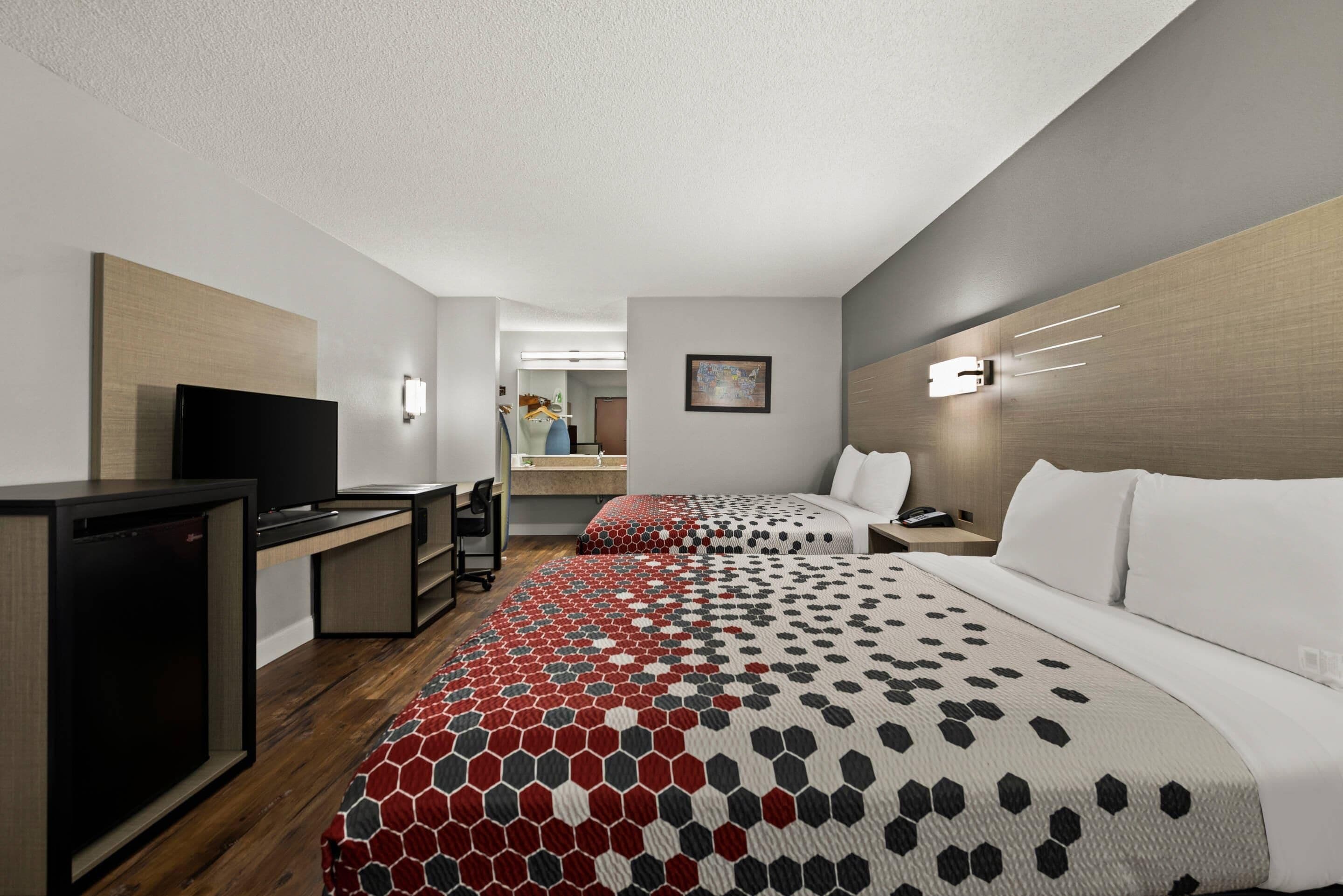 Standard Room, 2 Double Beds, Non Smoking | Desk, laptop workspace, blackout drapes, iron/ironing board