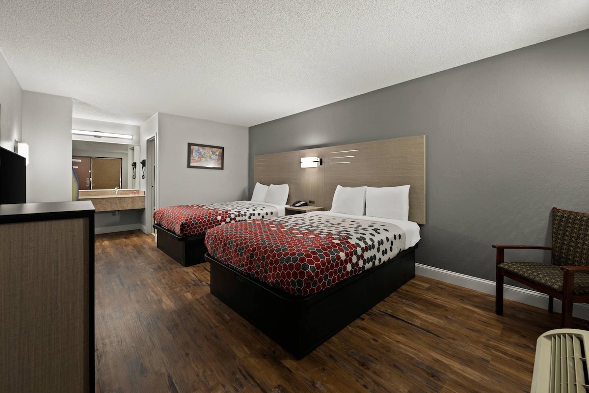 Standard Room, 2 Double Beds, Non Smoking | Desk, laptop workspace, blackout drapes, iron/ironing board