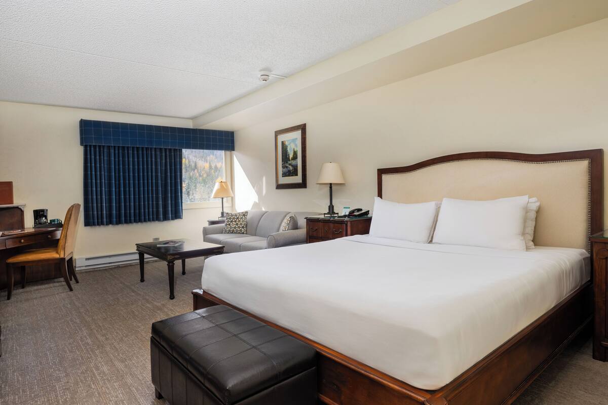 Una habitación de hotel con una cama grande, un escritorio, una silla, un sofá y una ventana con cortinas azules.