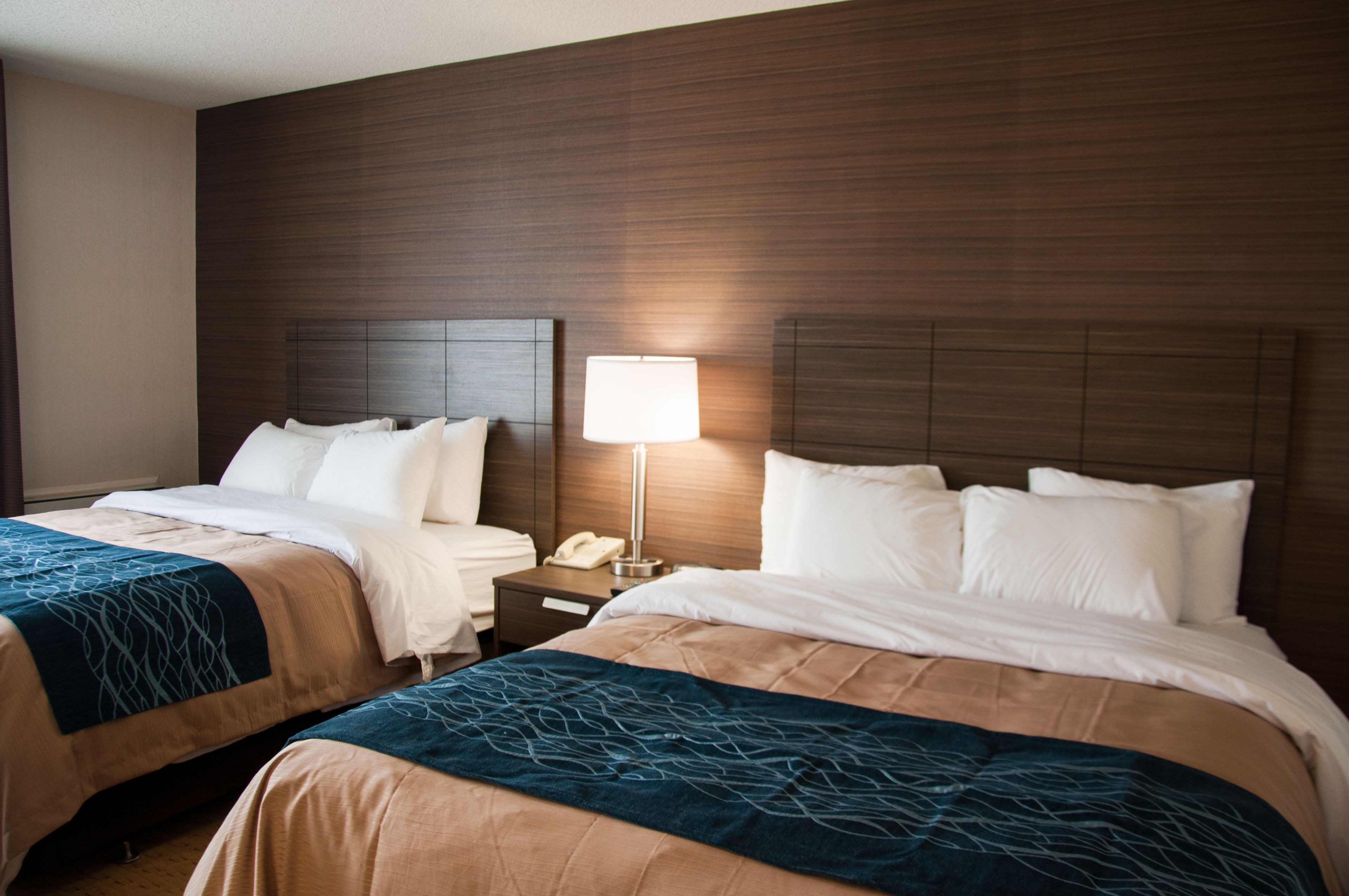 A hotel room with two beds, a nightstand with a lamp, and a telephone.
