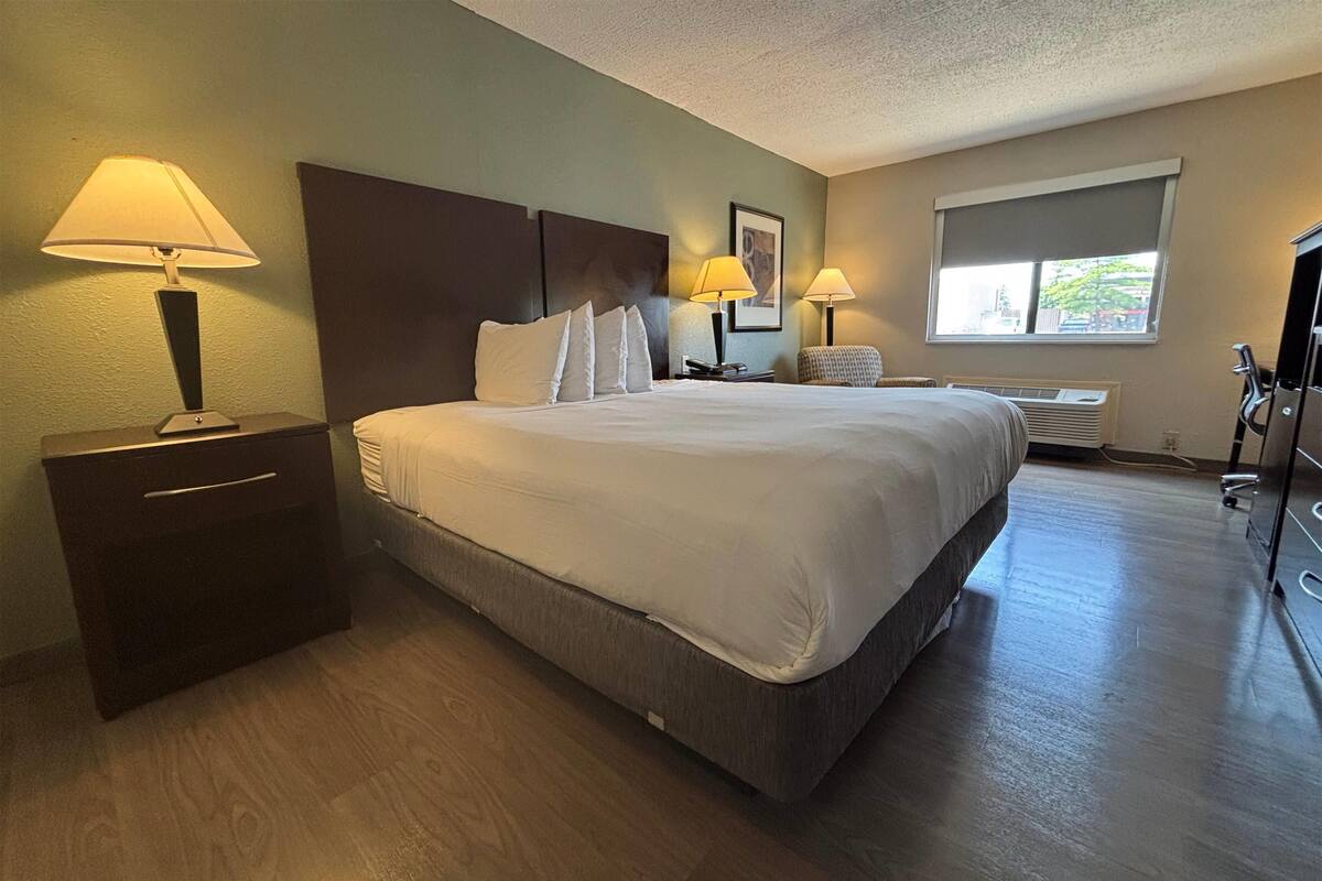 A hotel room with a large bed, two bedside tables with lamps, a chair, a window with a view, and a wardrobe.