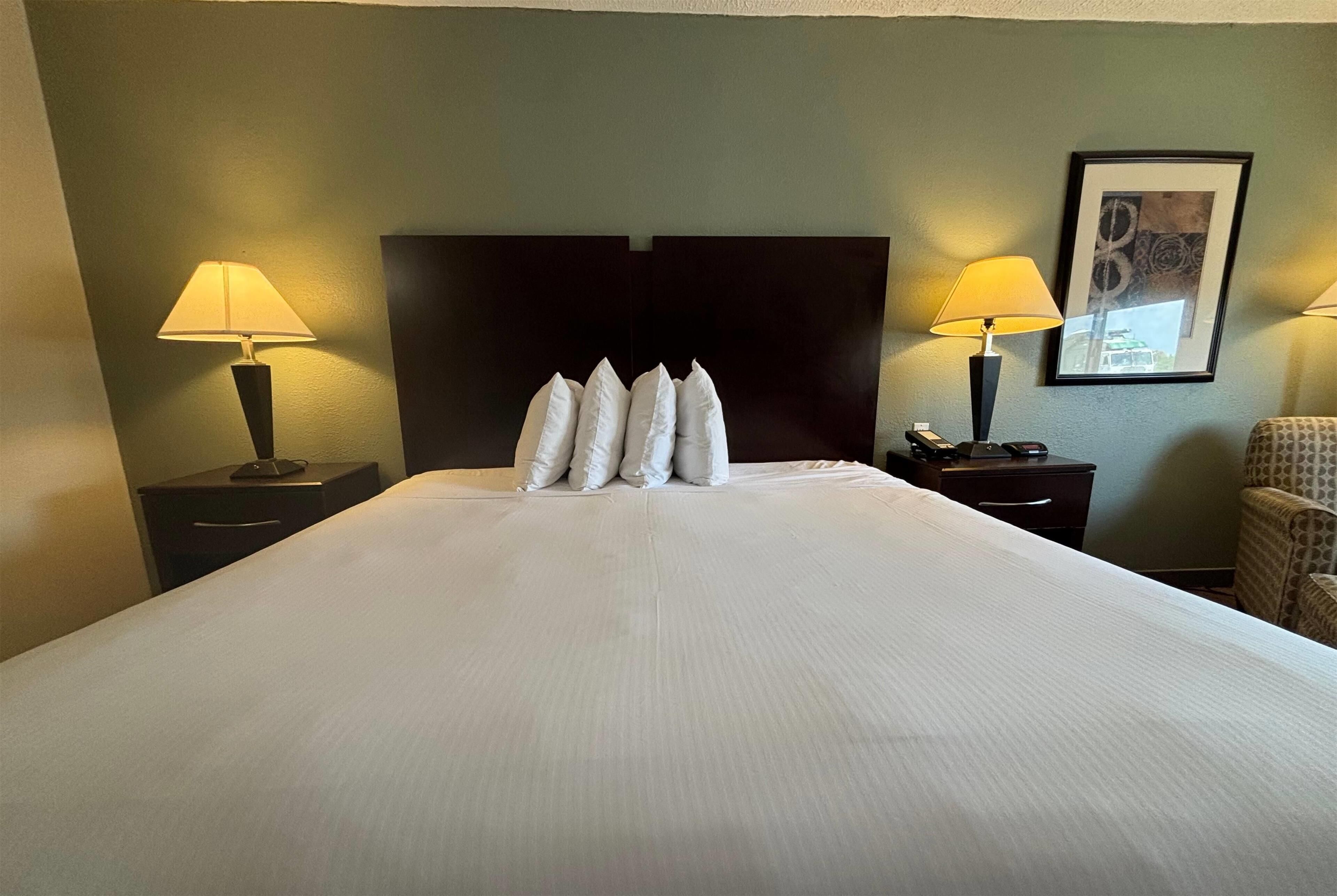 Habitación de hotel con una cama grande, dos mesitas de noche con lámparas, cabecero con varios almohadones, un cuadro en la pared y una silla estampada.