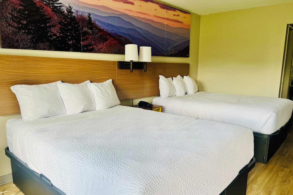 Ein Hotelzimmer mit zwei Betten, einem hölzernen Kopfteil, einer Wandlampe und einem Gemälde von einer Berglandschaft.