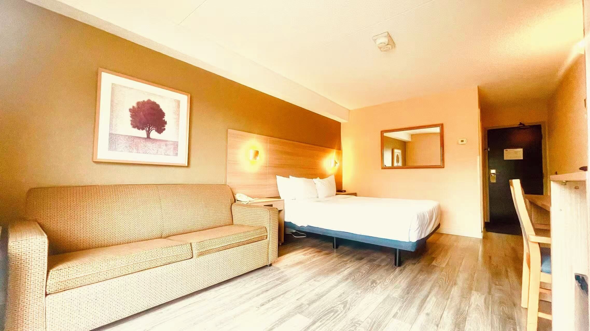 A hotel room with a bed, a sofa, a wall-mounted mirror, and a framed picture.