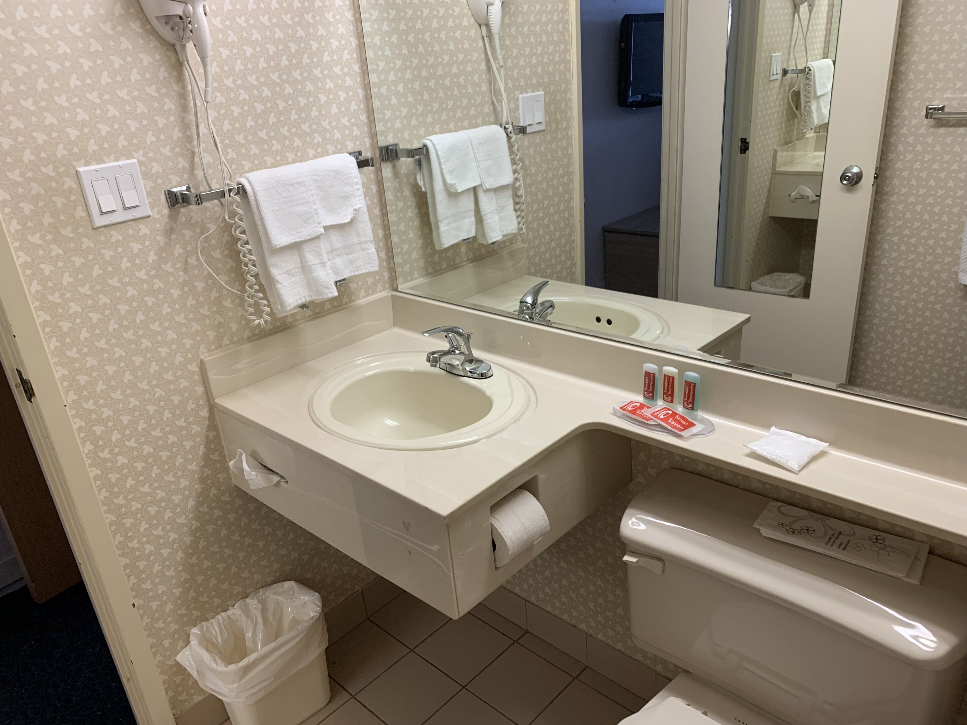 combined shower/bathtub, free toiletries, hair dryer, towels