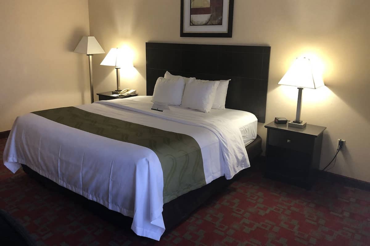 Premium bedding, pillowtop beds, desk, laptop workspace