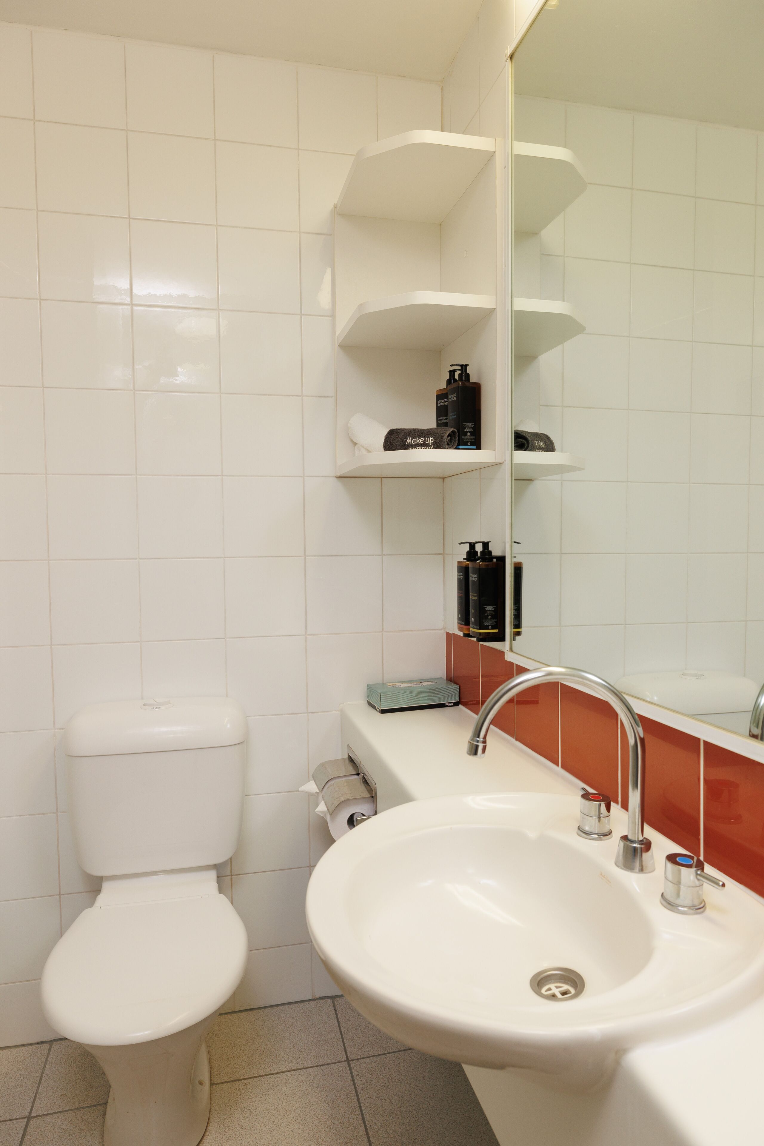 A bathroom with a white toilet, a sink with a mirror, and shelves with toiletries.