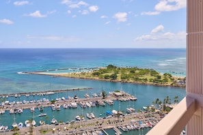 A marina with numerous boats docked, a clear blue sky, and a view of the ocean.