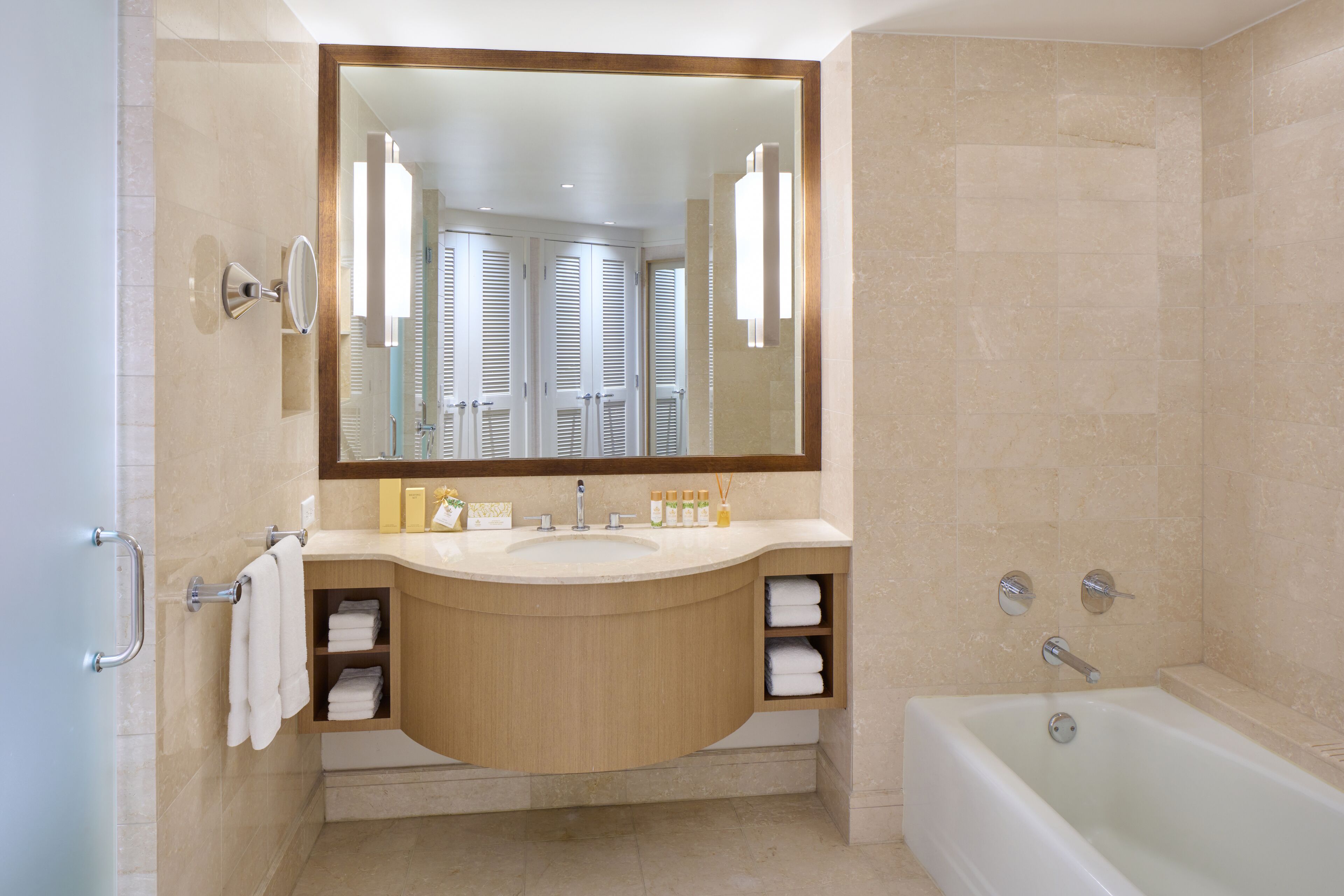 separate bathtub and shower, designer toiletries, hair dryer, bathrobes