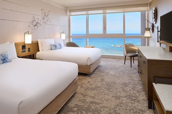 Ocean Front Premier 2 Queen Beds | Hypo-allergenic bedding, in-room safe, desk, laptop workspace at Prince Waikiki