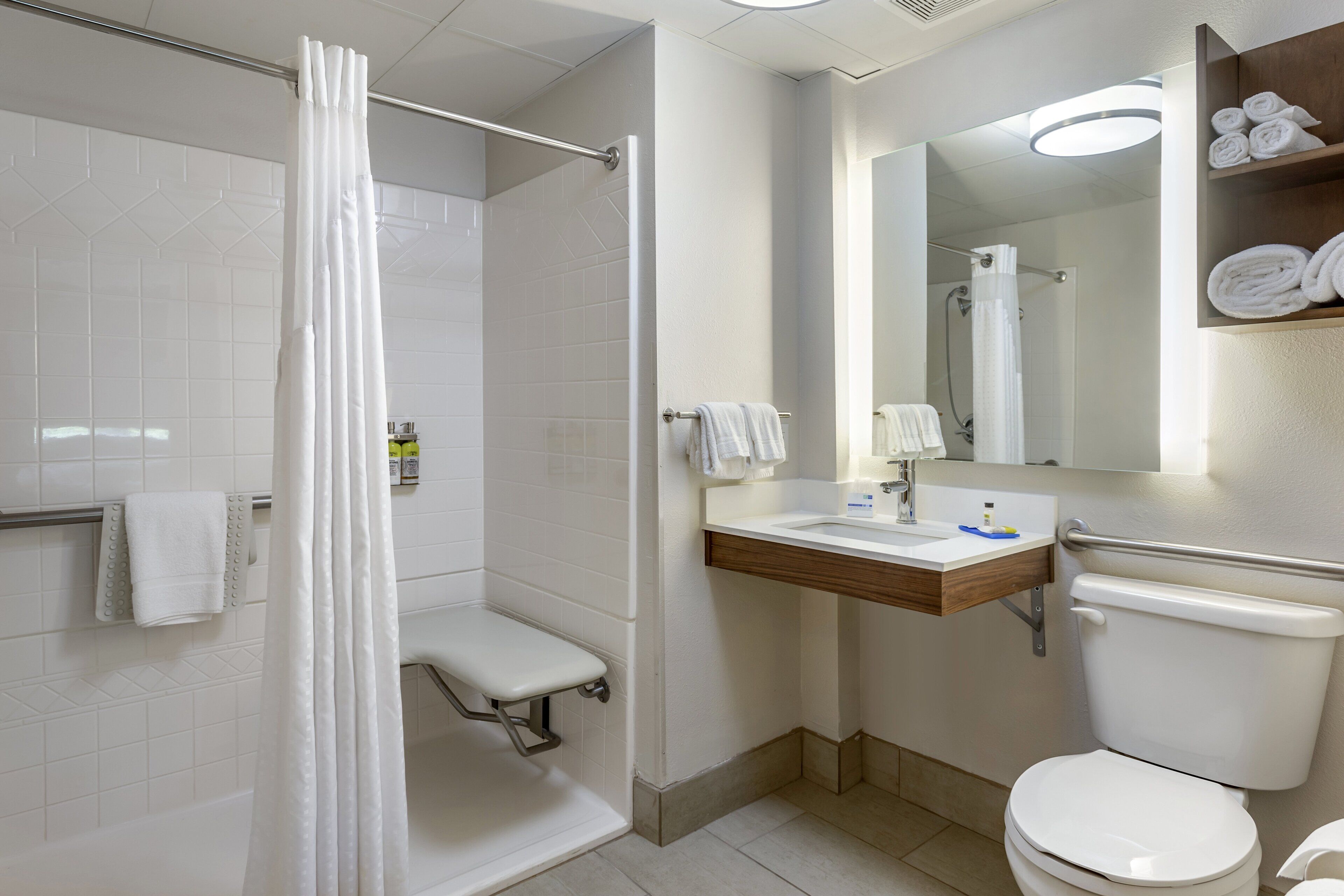 standard room, 1 king bed, roll-in shower (communications) | bathroom | combined shower/bathtub, free toiletries, hair dryer, towels