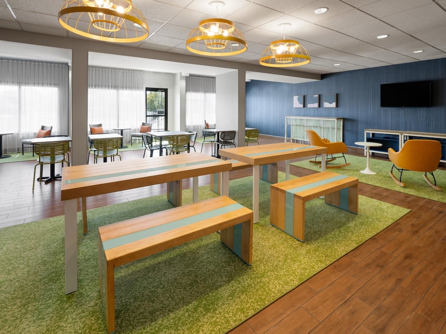 Ein moderner Arbeitsbereich mit Holztischen und -bänken, grünem Teppichboden und einer blauen Akzentwand.