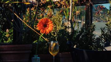 A table with a glass of wine and a potted plant, overlooking a building with domes.