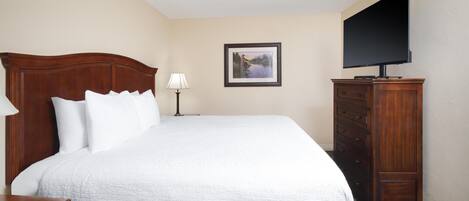 A hotel room with a large bed, a dresser, a flat-screen TV, and a framed picture on the wall.