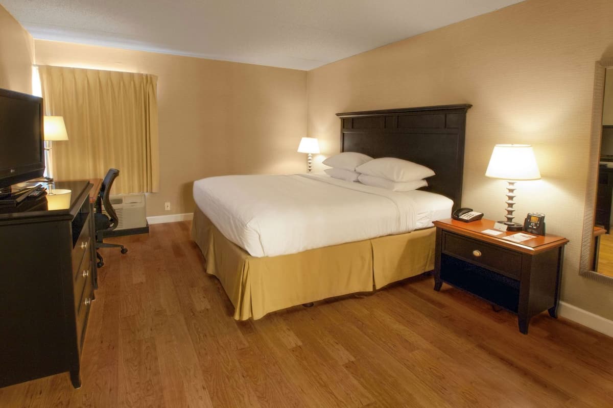 Quarto de hotel com cama, abajures, escrivaninha, cadeira e televisão.