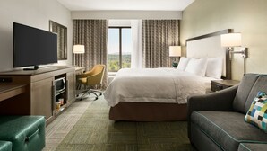 A hotel room with a bed, a television, a desk, a chair, and a couch.