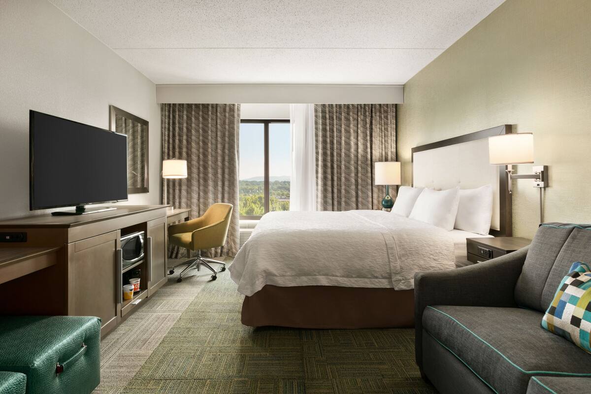 A hotel room with a bed, a television, a desk, a chair, and a couch.
