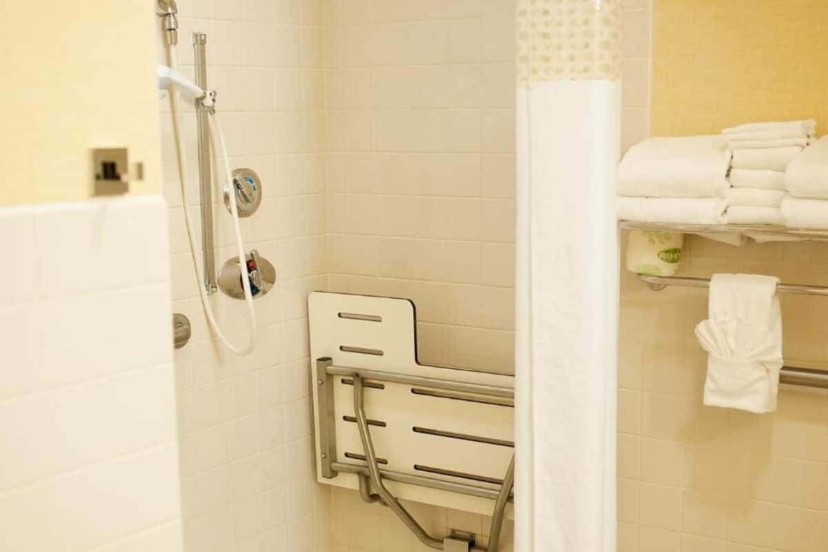 Combined shower/tub, free toiletries, hair dryer, towels