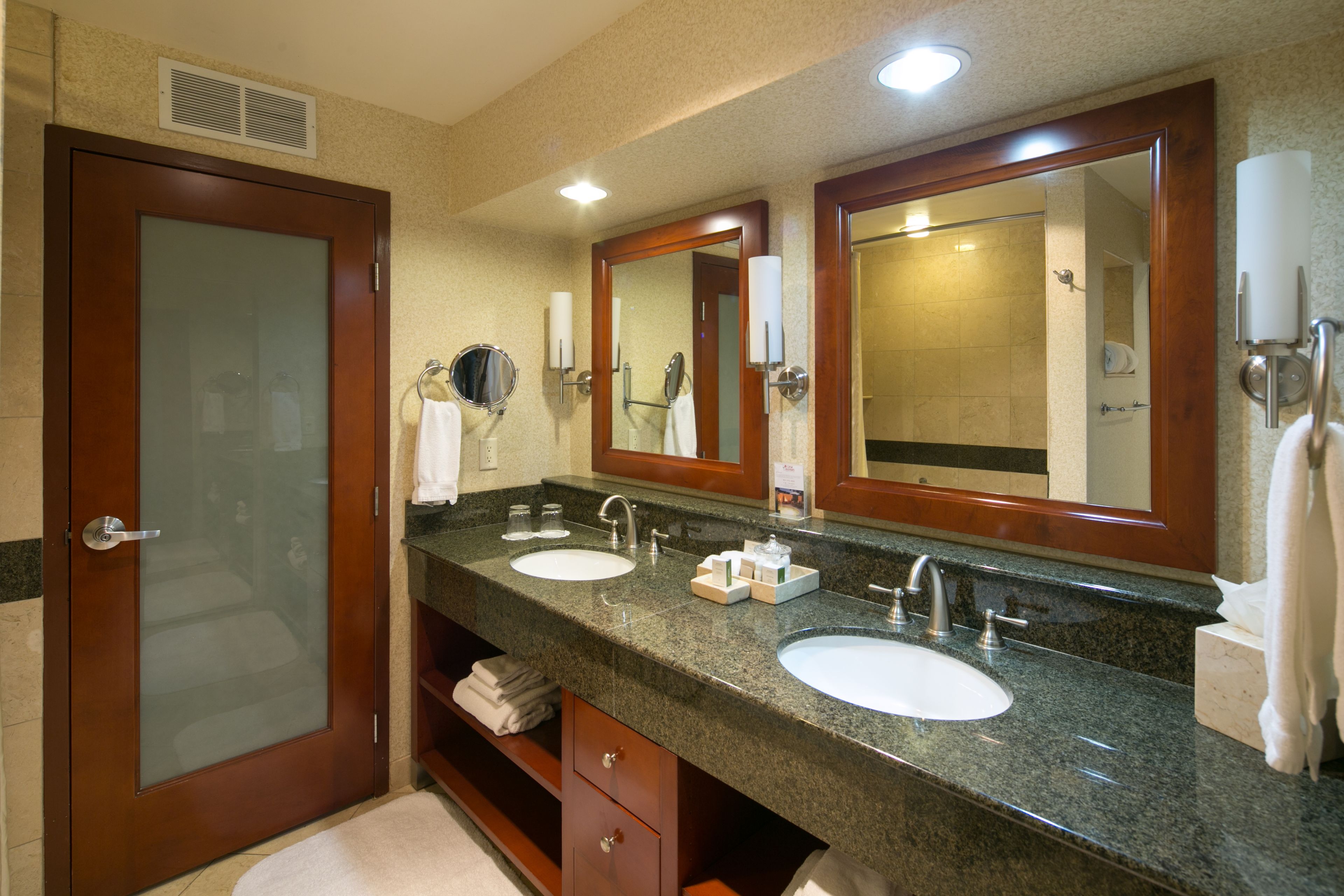 combined shower/bathtub, eco-friendly toiletries, hair dryer, bathrobes